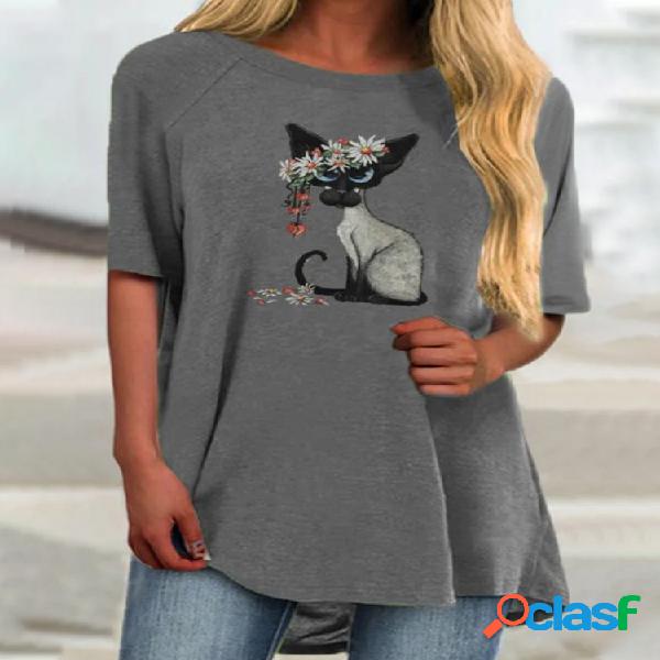 Gato Floral Impresso O-Neck Long T-shirt Para Mulheres