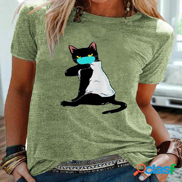 Gato impresso manga curta O-Neck T-shirt para as Mulheres