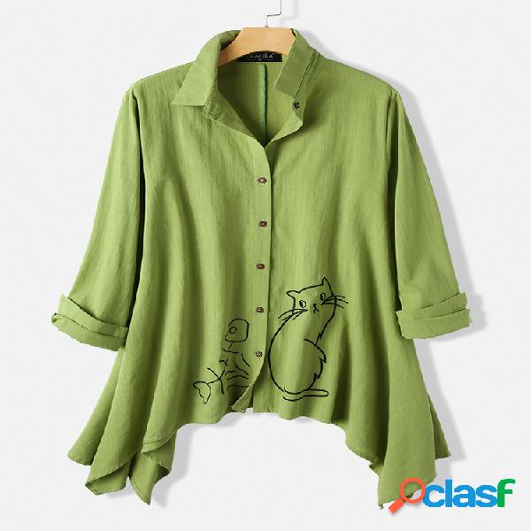 Gato irregular bordado longo Sleebe Camisa para mulheres