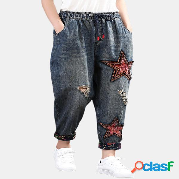 Harem Patchwork estrelas elástico na cintura Denim