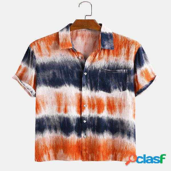Homens 100% Algodão Gradiente Tie-dye Chest Pocket Casual