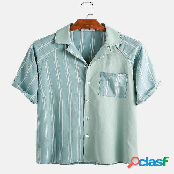 Homens 100% Algodão Listrado Patchwork Peito Bolso Férias