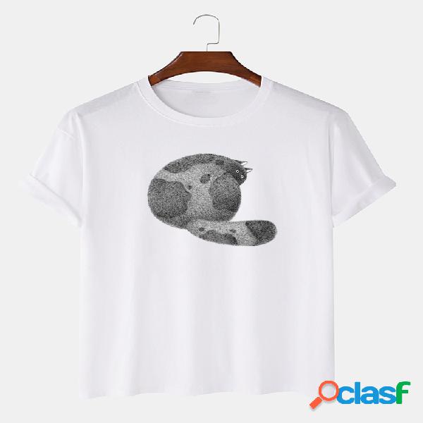Homens 100% Briquetes de algodão Cat Print Casual T-Shirt