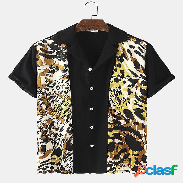 Homens 100% algodão leopardo retalhos designer casual