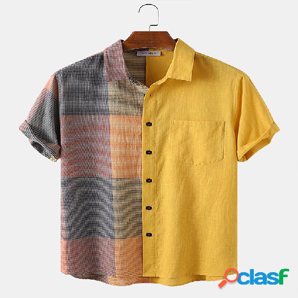 Homens 100% algodão xadrez patchwork designer casual Camisa