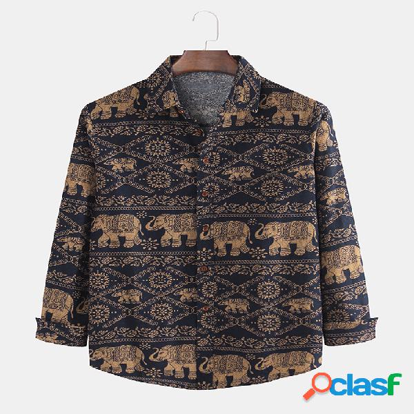 Homens Algodão Linho Elefante étnico Estampa Floral Slim