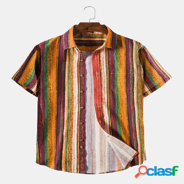 Homens Algodão Linho Vintage Listrado Casual Camisa
