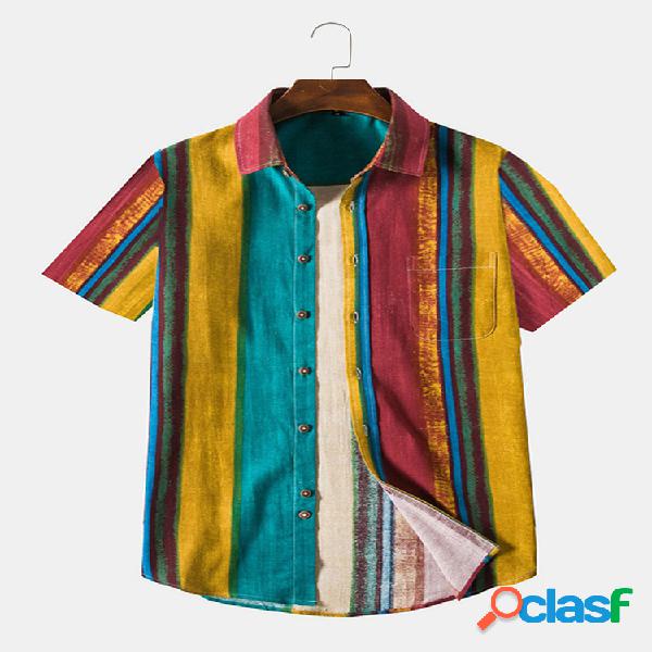 Homens Algodão Vintage Color Striped Casual Camisa