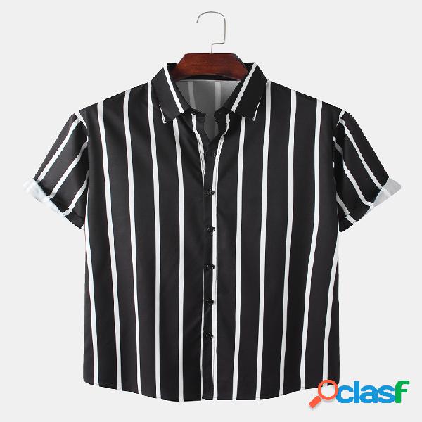 Homens Basic Striped Printed Lapel Casual Camisa