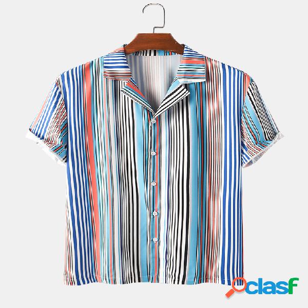 Homens Colorful Listrado Praia Lapela fina casual Camisa