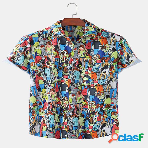 Homens Cotton Color Portrait Print Casual Camisa