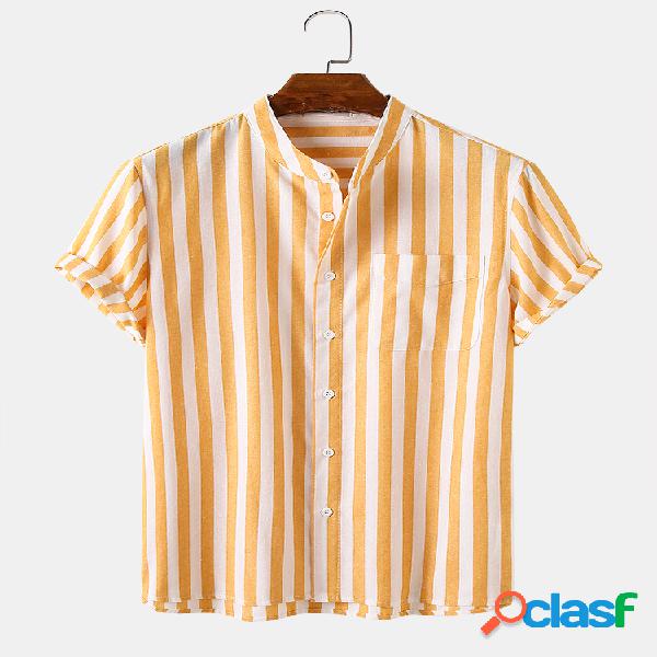 Homens Cotton Stripe Chest Pocket Casual Slim Stand Collar
