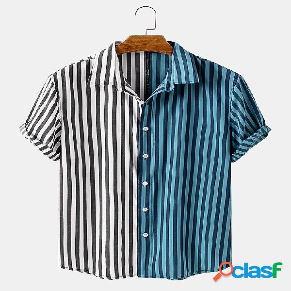 Homens Cotton Stripe & Patchwork Praia Casual Camisa