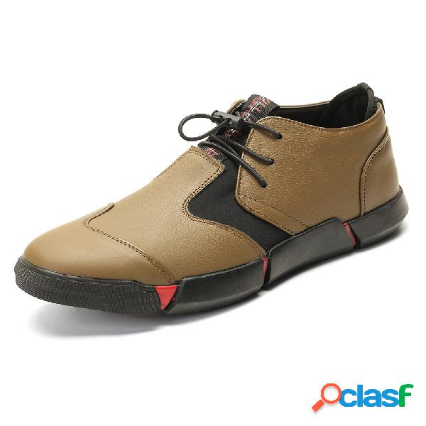 Homens Couro Genuíno Splicing Comfy Soft Elastic Lace Up