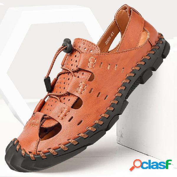 Homens Fechados Toe Hand Stitching Praia Sandálias de couro