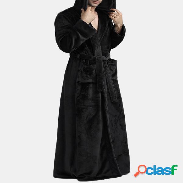 Homens Flanela Engrossar Pijama Liso Robe Com Capuz