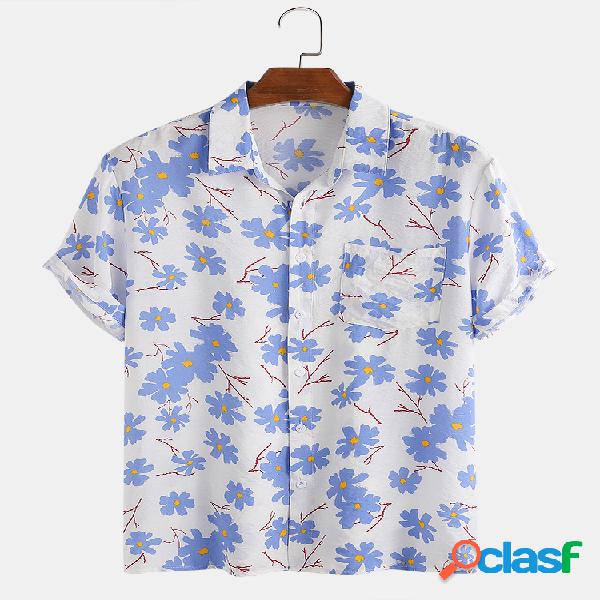 Homens Floral Impresso Peito Bolso Férias Casual Camisa