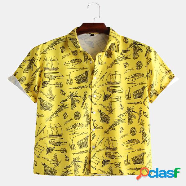 Homens Fun Sea Boat Doodle férias Praia manga curta Camisa