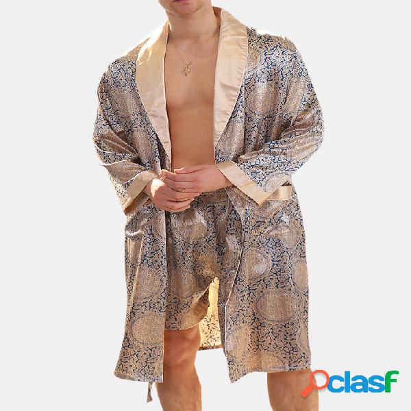 Homens Geométrica Pijama de Seda Falso Robe Soft Trajes de