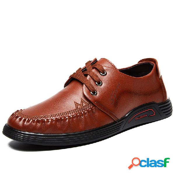 Homens Stitcing Toe Moc Lace Up Sapatos De Couro De Vaca