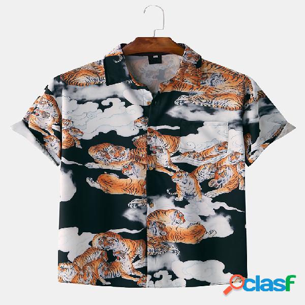Homens Tiger Cheung Cloud Print Casual manga curta solta