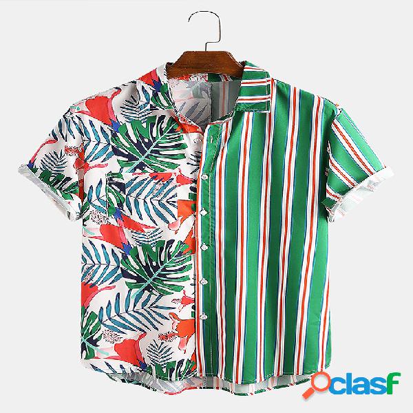 Homens Tropical Print Patchwork listrado Casual Holiday Hem