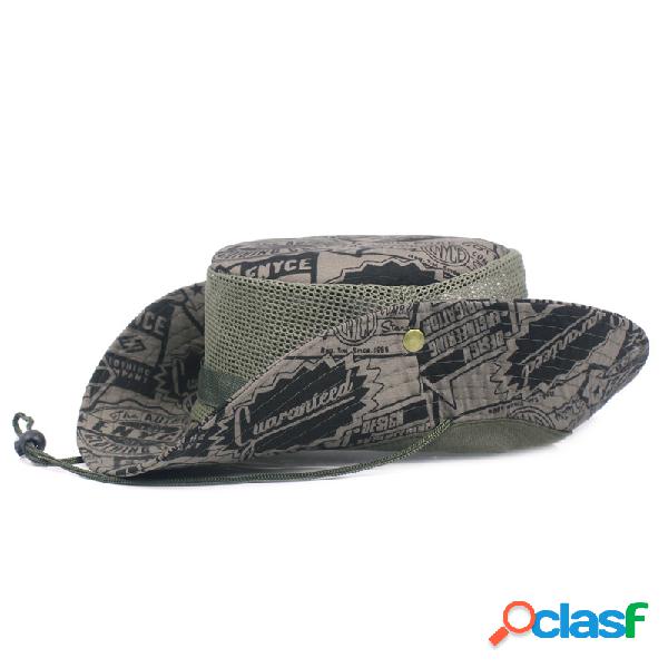Homens Verão Camuflagem Malha Bucket Hat Com Cordas Ao Ar