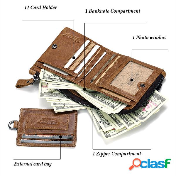 Homens Vintage Couro Genuíno Zipper 11 Slots Cartão