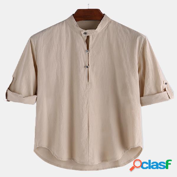 Homens algodão cor sólida manga longa Henley Camisa