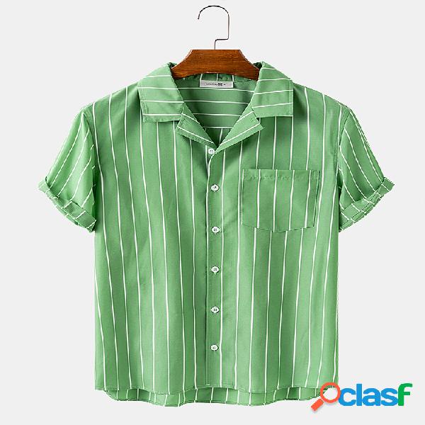 Homens cor sólida listrado impresso lapela casual Camisa