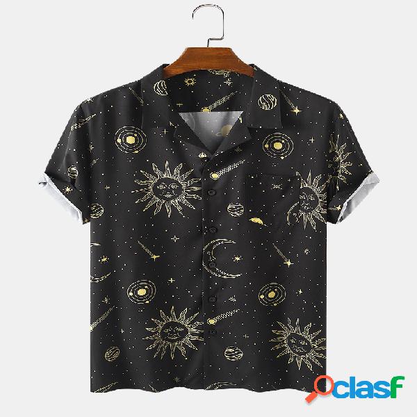 Homens estrela lua impressão causal manga curta Camisa