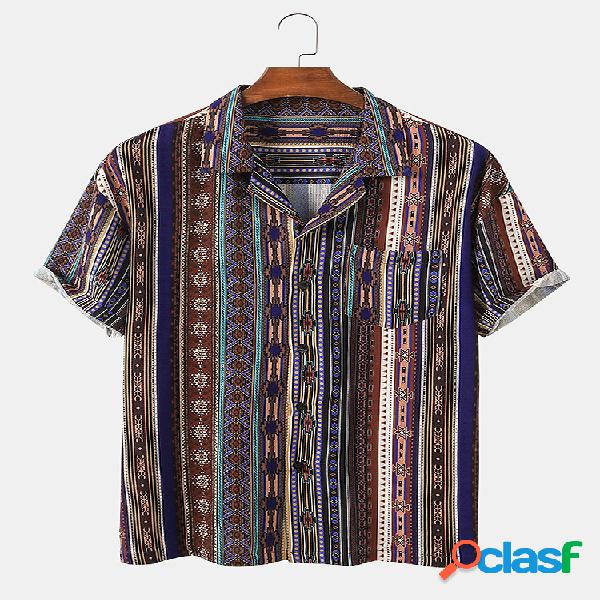 Homens étnico retro impressão & listrado casual Camisa