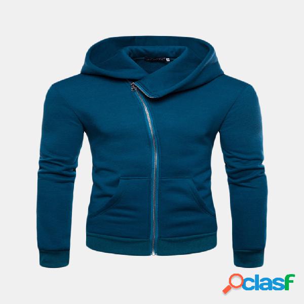 Hoodies dos homens cor sólida de manga comprida Zip Up