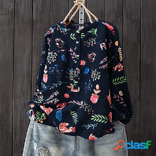 Imprimir Floral manga comprida Plus Tamanho Camisa
