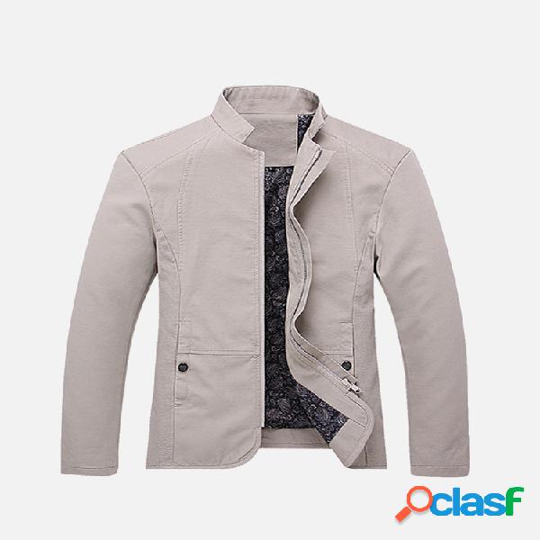 Jaqueta Elegante Masculina de Algodão Gola Alta Cor Sólida