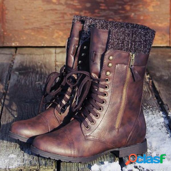 Lã vintage tricô detalhado ata acima botas com zíper