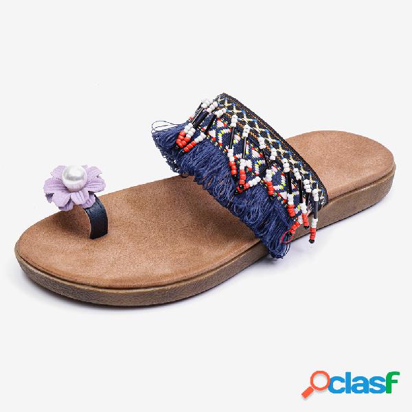 LOSTISY Mulheres Colorful Stripe Bohemian Flower Clip Toe