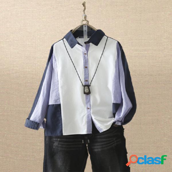 Lapela de retalhos listrada vintage Plus tamanho Camisa