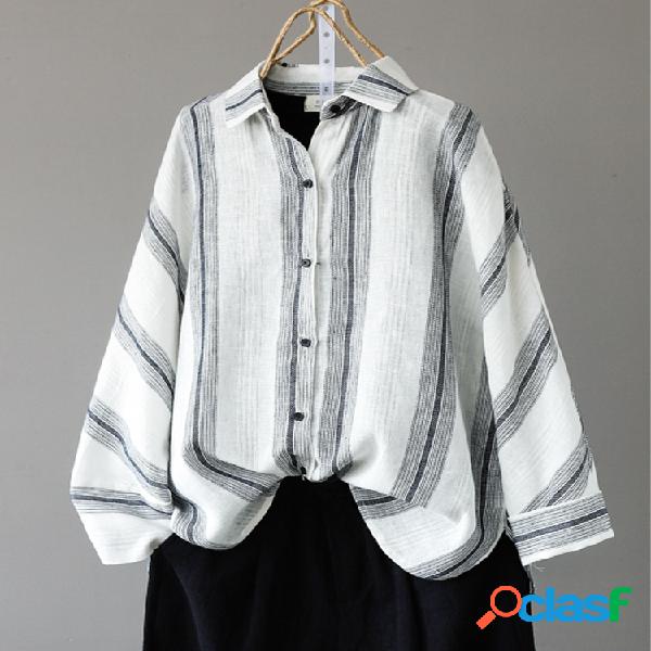 Lapela listrada casual Plus Tamanho Camisa para mulheres