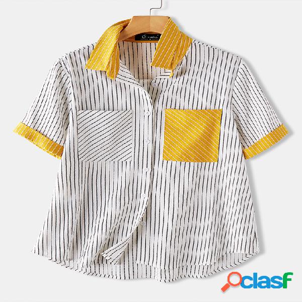 Lapela listrada dos retalhos Plus tamanho Camisa com bolsos