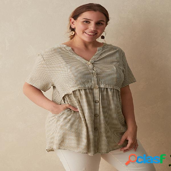 Manta com decote em v botão Plus blusa de tamanho para
