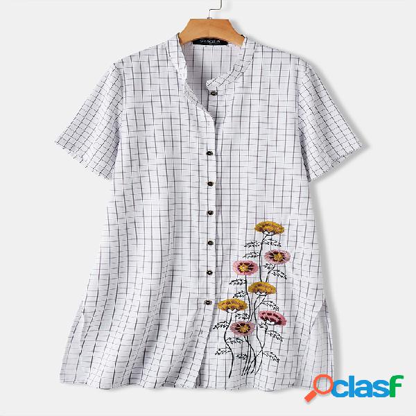 Manta de bordado Splited manga curta Camisa para mulheres