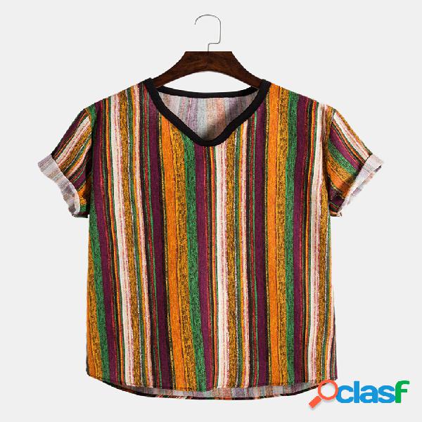 Men Cotton Linen Retro Stripes Casual Slim T-Shirt