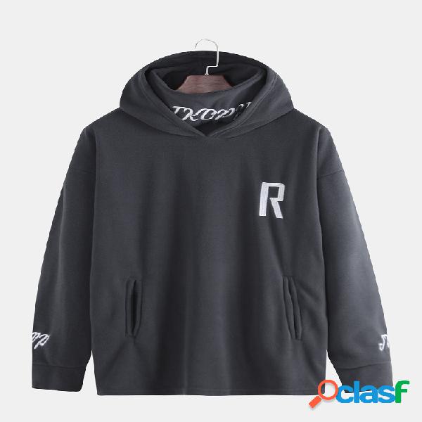 Men Letter Print Camisola de gola com capuz bordada