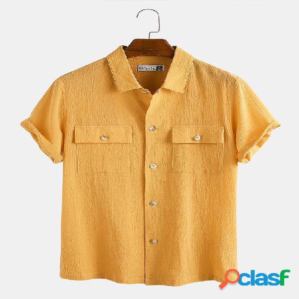 Mens 100% algodão bolsos duplos de manga curta camisas de