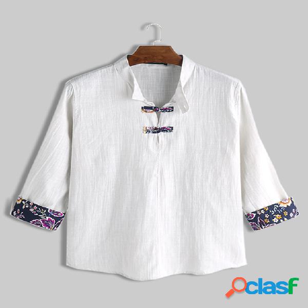 Mens 100% algodão estilo chinês gola 3/4 manga Camisa