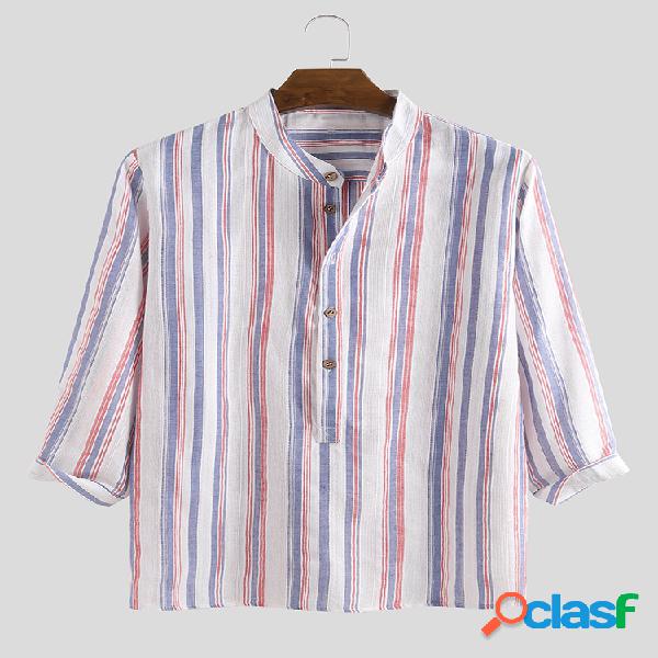 Mens 100% algodão listra três quartos manga Henley camisas