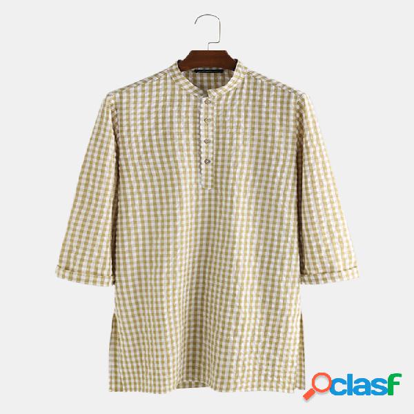 Mens 65% algodão xadrez Cardigan de comprimento médio Slim