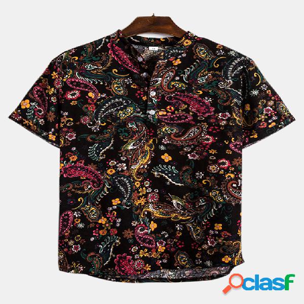 Mens Algodão Étnico Floral Casual Manga Curta Henley