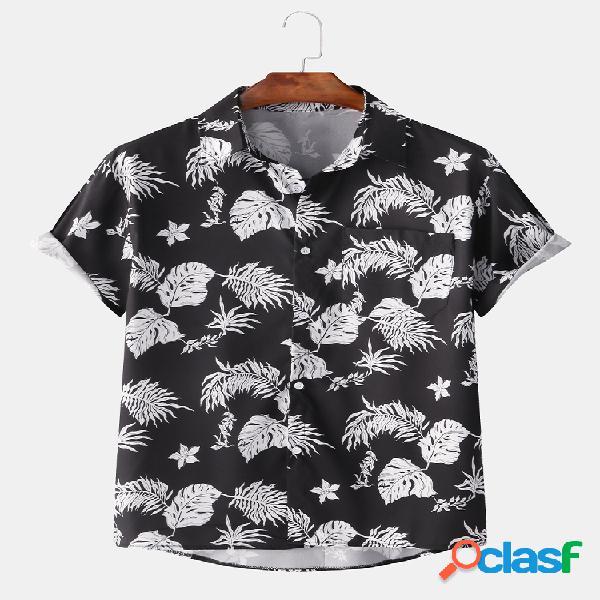 Mens Black & White Tropical Planta Impresso Manga curta